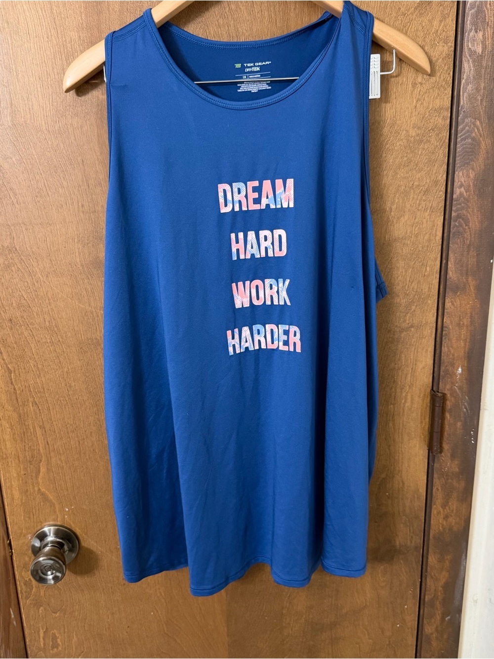 tek gear Women’s 1X Blue Performance Tank “DREAM HARD WORK HARDER”
